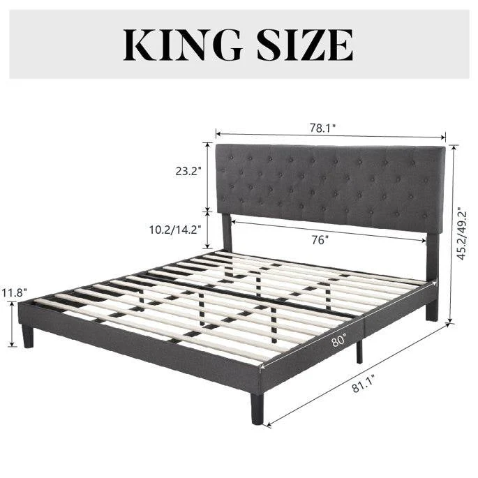 King Size Adjustable Height Grey Linen Tufted Low Profile Platform Bed - Image 5