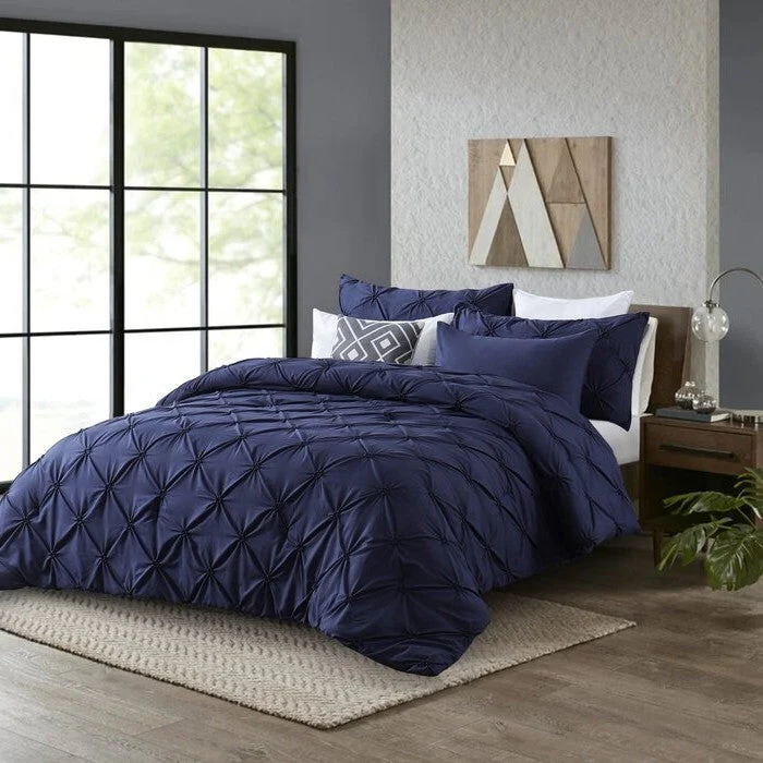 King Size All Season Pleated Hypoallergenic Microfiber Reversible 3 Piece Comforter Set in Navy - Image 2