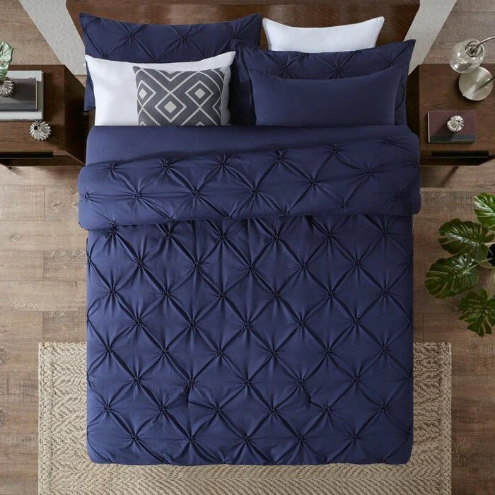 King Size All Season Pleated Hypoallergenic Microfiber Reversible 3 Piece Comforter Set in Navy - Image 3