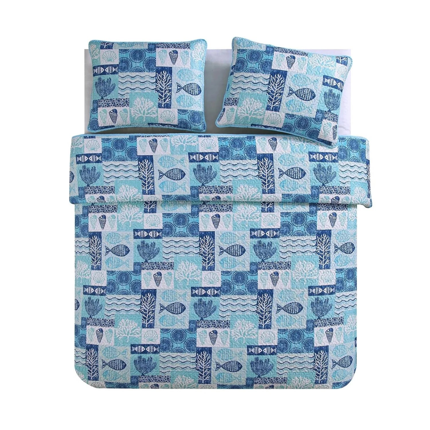 King size Aqua Blue Cream Beach Sea Shells Coral Fish Coastal 3-Piece Quilt Set - Image 2