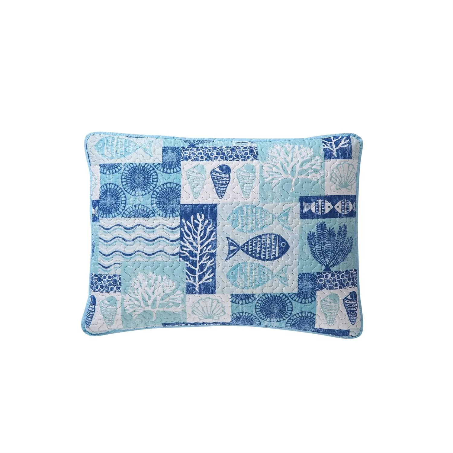 King size Aqua Blue Cream Beach Sea Shells Coral Fish Coastal 3-Piece Quilt Set - Image 3