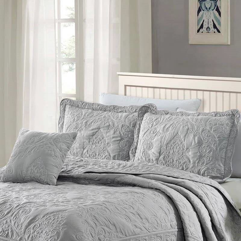 King size Ash Grey Damask Embroidered 4 Piece Oversized Bedspread Set - Image 2