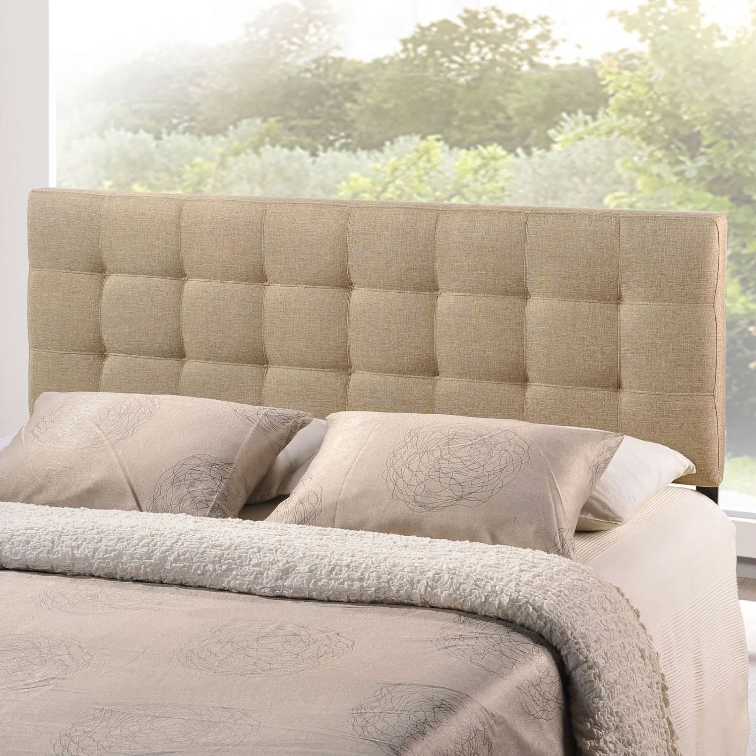King size Beige Fabric Upholstered Headboard with Modern Tufting - Image 2