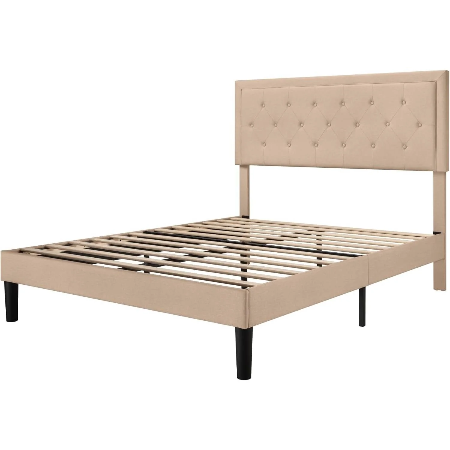 King size Beige Linen Platform Bed Frame with Button Tufted Headboard - Image 3