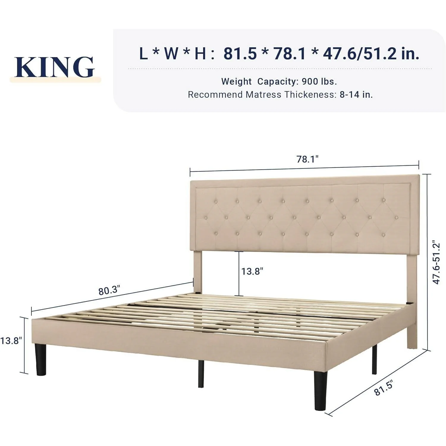 King size Beige Linen Platform Bed Frame with Button Tufted Headboard - Image 5