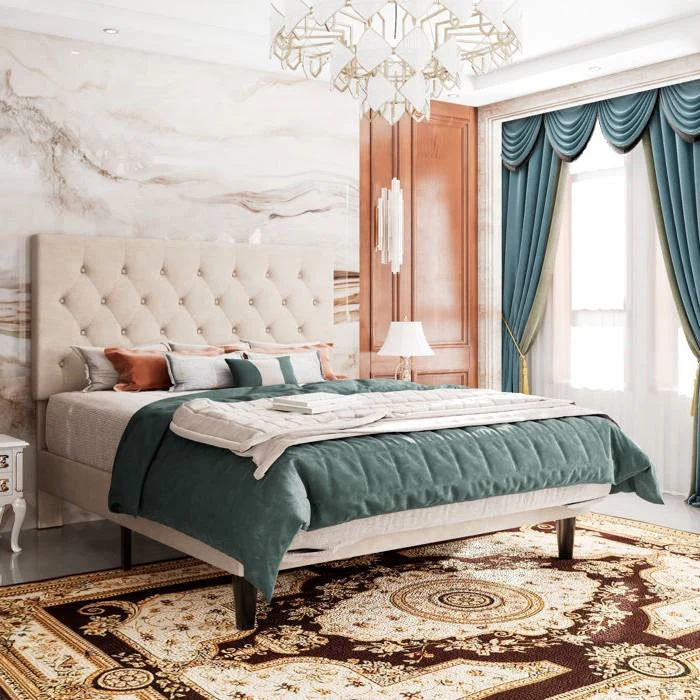 King Size Beige Linen Upholstered Platform Bed with Button-Tufted Headboard - Image 2