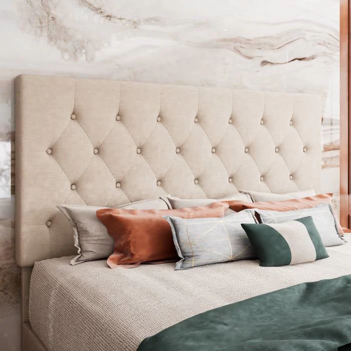 King Size Beige Linen Upholstered Platform Bed with Button-Tufted Headboard - Image 3