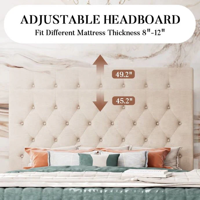 King Size Beige Linen Upholstered Platform Bed with Button-Tufted Headboard - Image 4