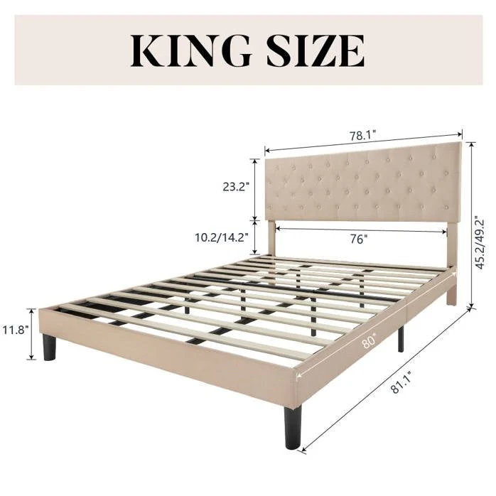 King Size Beige Linen Upholstered Platform Bed with Button-Tufted Headboard - Image 5