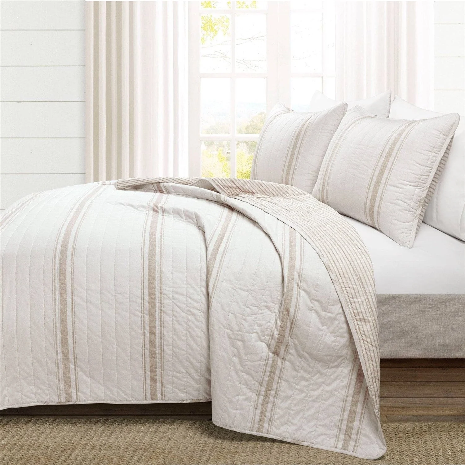 King Size Beige White 3 Piece Stripe Reversible Cotton Quilt Set - Image 2