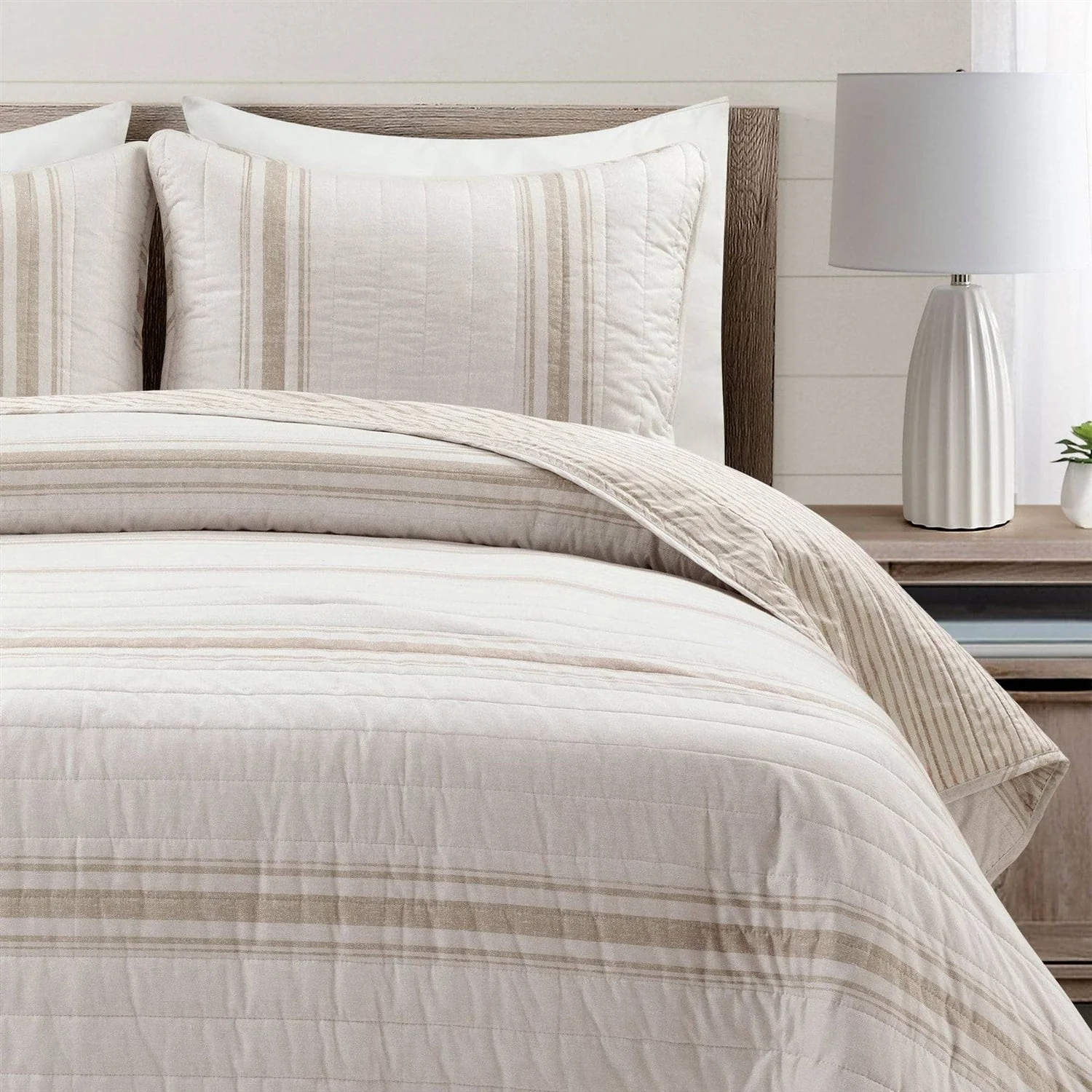 King Size Beige White 3 Piece Stripe Reversible Cotton Quilt Set - Image 3