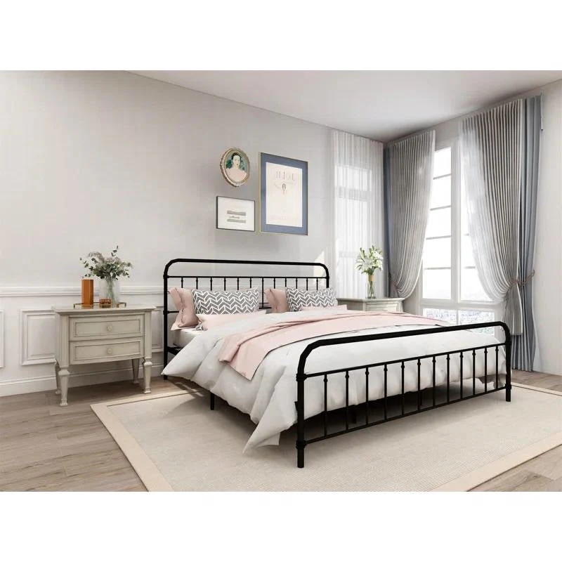 King size Black Metal Platform Bed Frame with Rounded Headboard Footboard - Image 2
