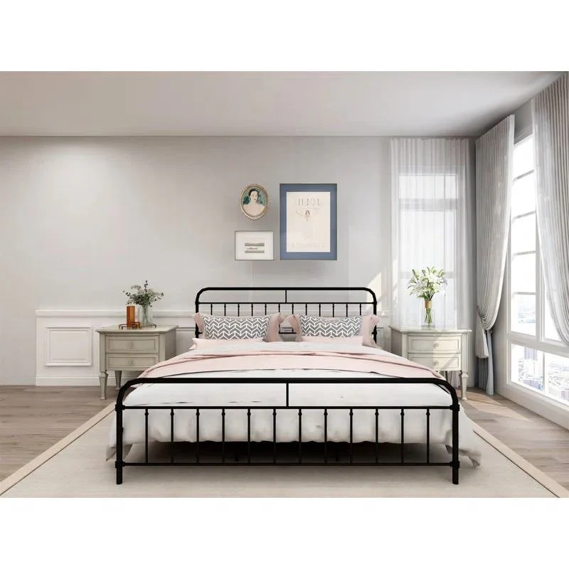 King size Black Metal Platform Bed Frame with Rounded Headboard Footboard - Image 3