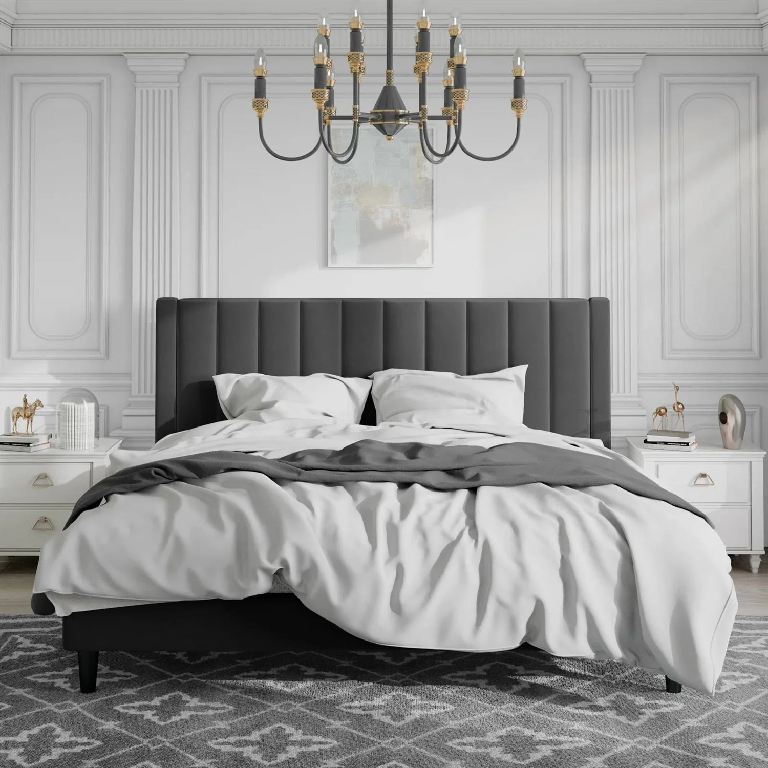 King size Black Velvet Upholstered Platform Bed Frame with Headboard - Image 2