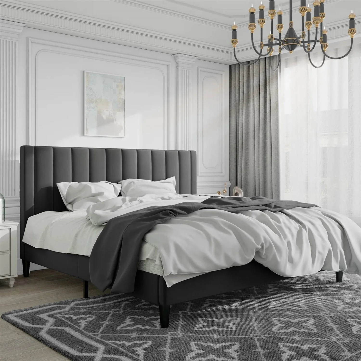 King size Black Velvet Upholstered Platform Bed Frame with Headboard - Image 3