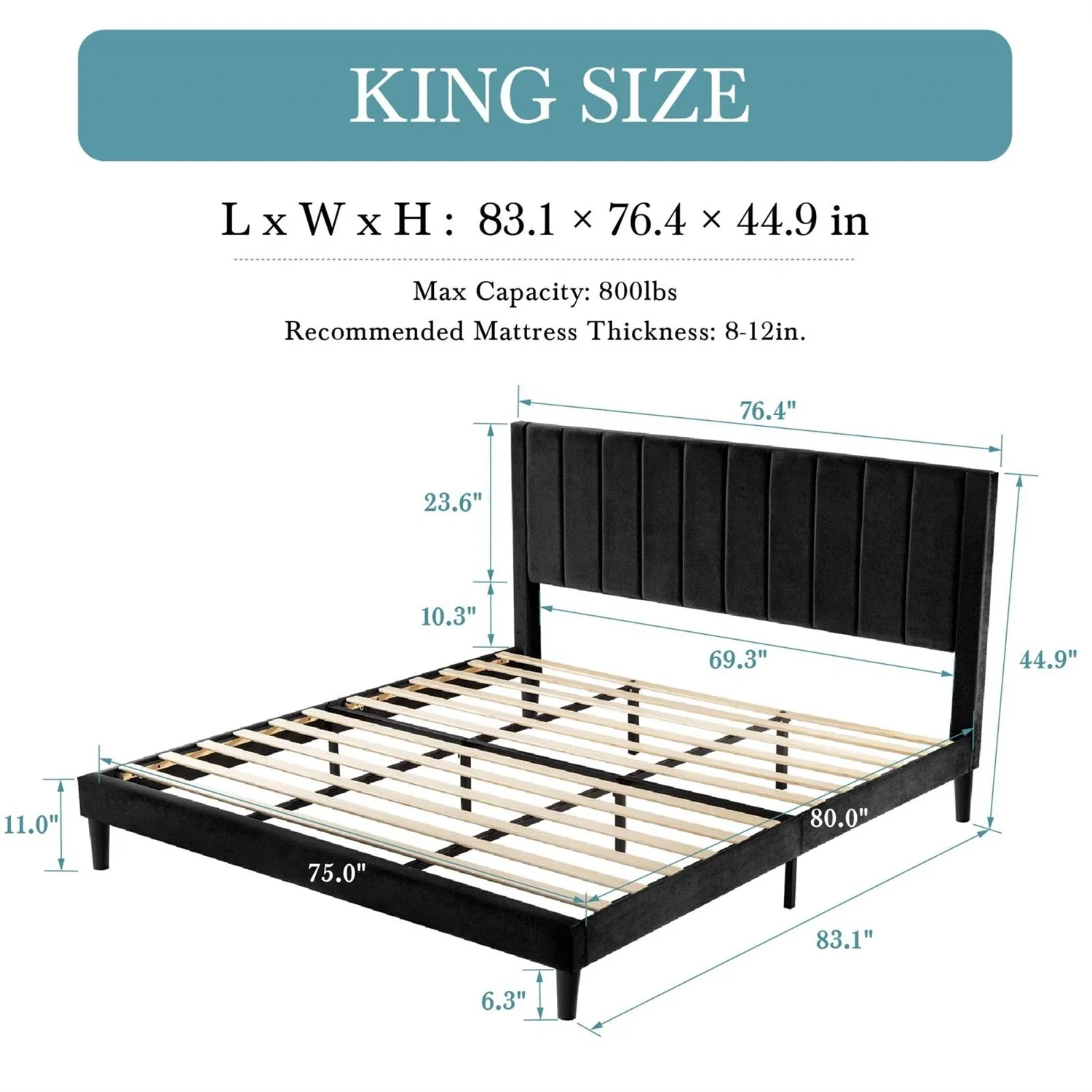 King size Black Velvet Upholstered Platform Bed Frame with Headboard - Image 5