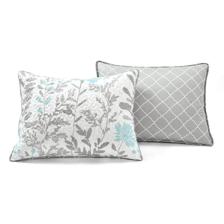 King Size Blue Grey Floral Lightweight Thin Polyester Fabric 3-Piece Quilt Set - Image 5