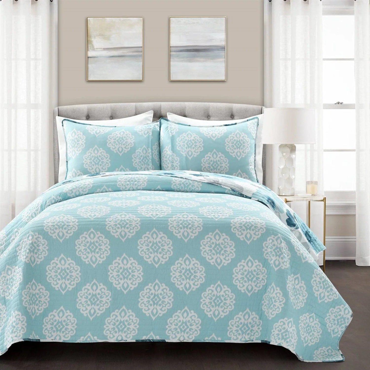 King size Blue Grey Flowers Lightweight Polyester Microfiber Quilt Set - Image 3