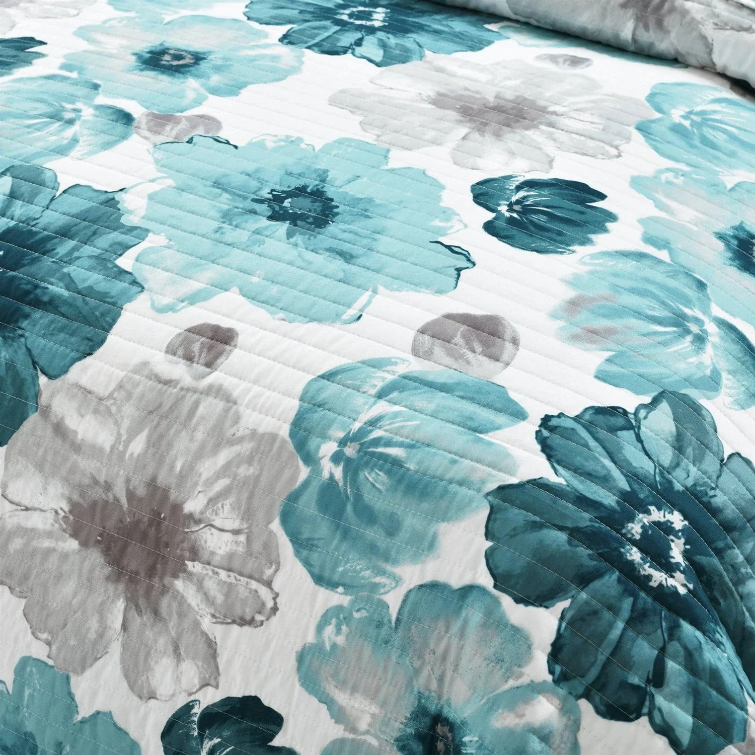 King size Blue Grey Flowers Lightweight Polyester Microfiber Quilt Set - Image 4