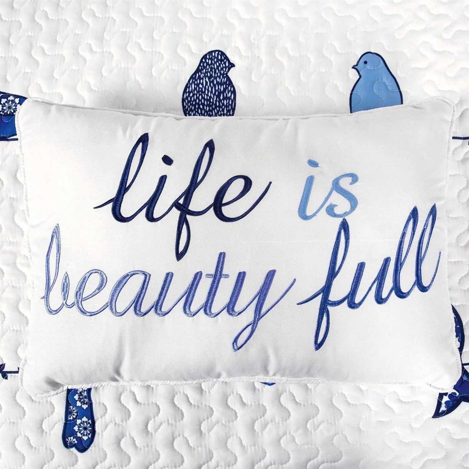 King size Blue White Navy Floral Birds On Wire Lightweight 7 Piece Quilt Set - Image 2