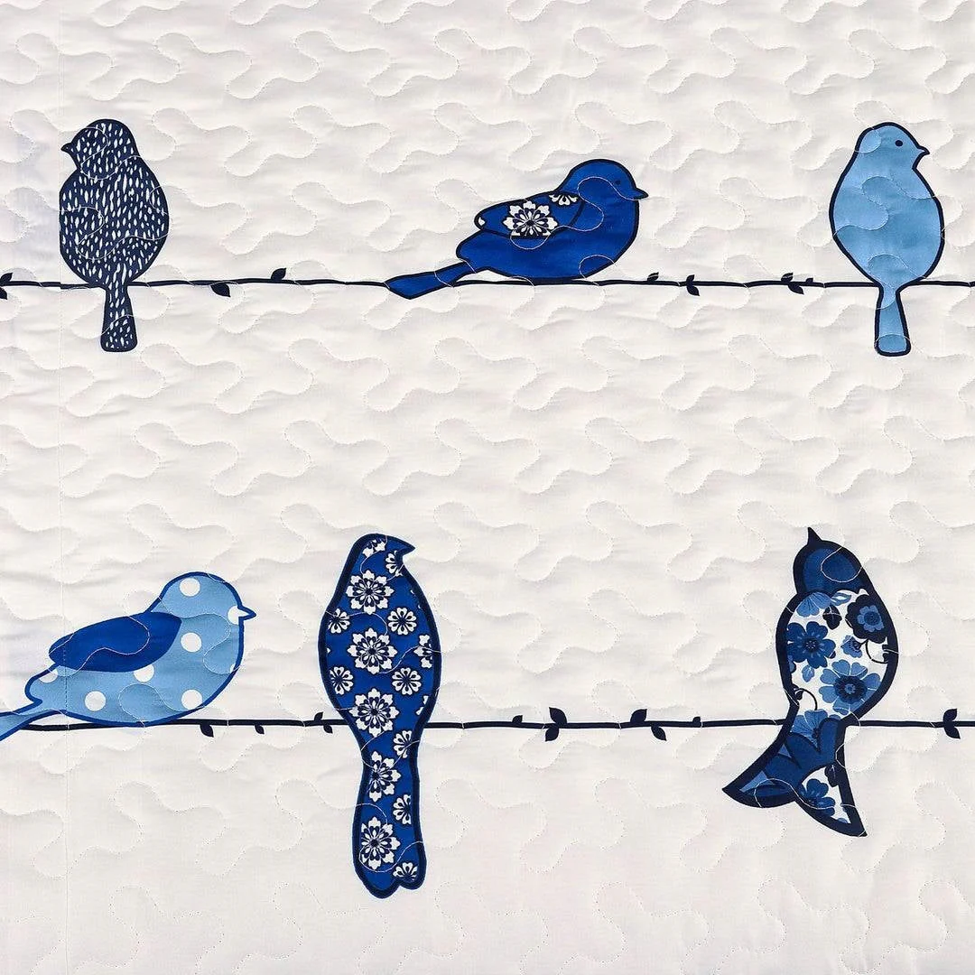 King size Blue White Navy Floral Birds On Wire Lightweight 7 Piece Quilt Set - Image 3