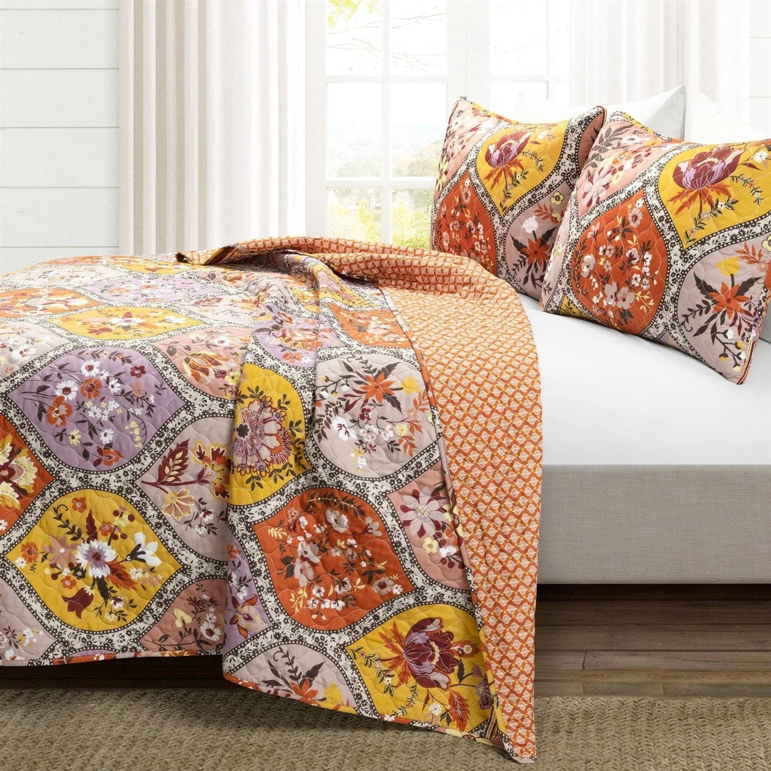 King size Boho Floral Lightweight Cotton Orange Mauve Yellow 3-Piece Quilt Set - Image 2