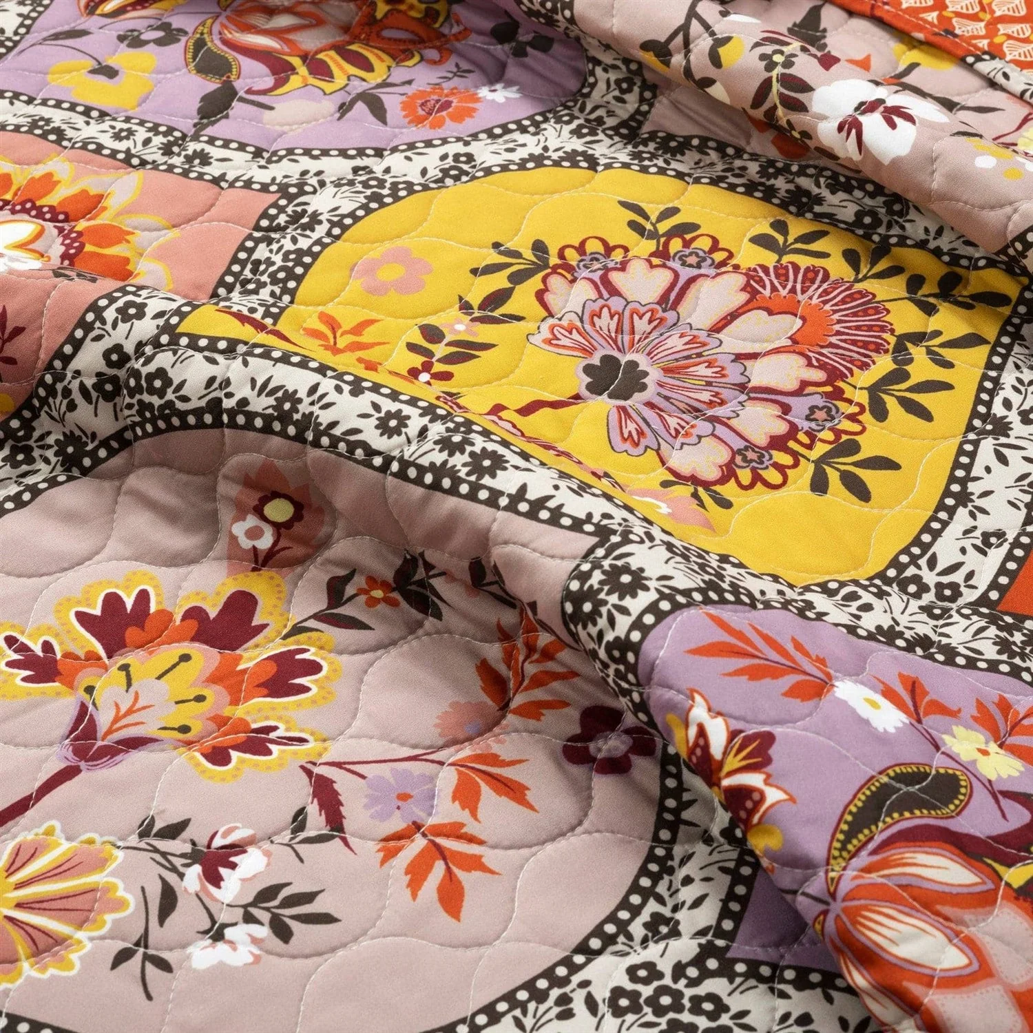 King size Boho Floral Lightweight Cotton Orange Mauve Yellow 3-Piece Quilt Set - Image 3