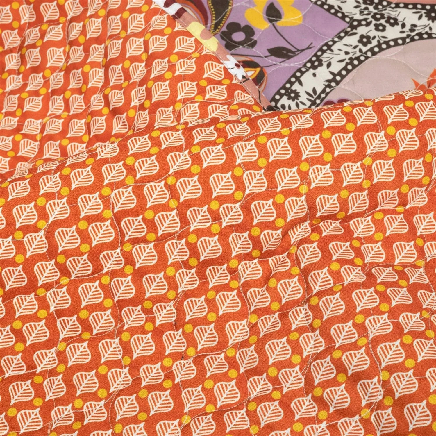 King size Boho Floral Lightweight Cotton Orange Mauve Yellow 3-Piece Quilt Set - Image 4