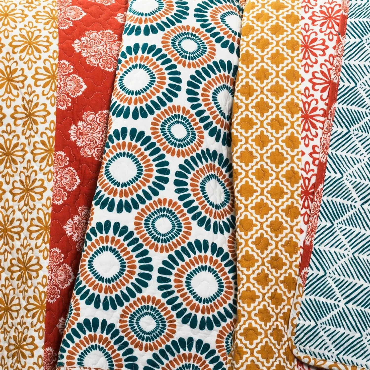 King size Cotton 3 Piece Reversible Teal Orange Bohemian Stripe Quilt Set - Image 4