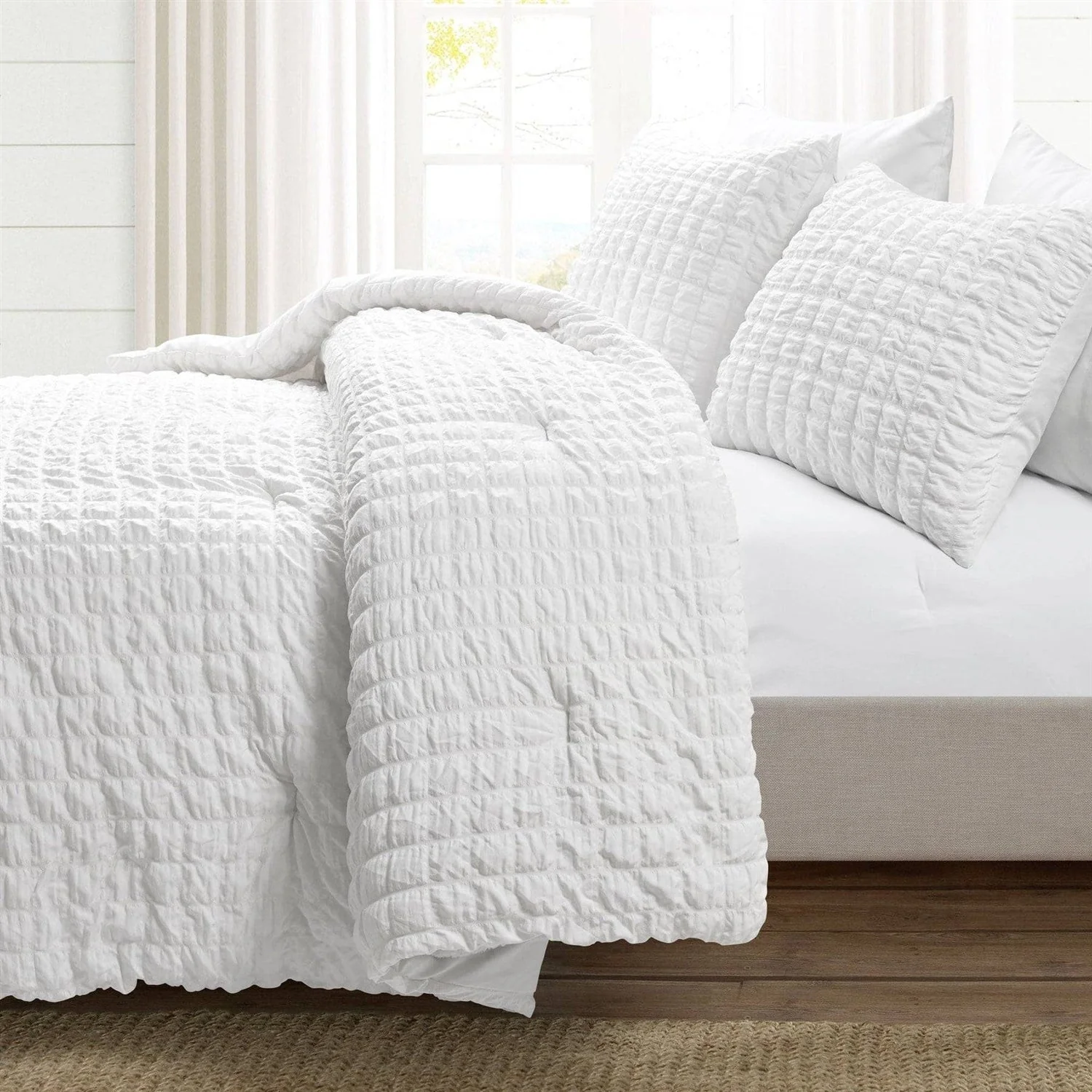 King Size Crinkled Textured 3 Piece Comforter Set White - Image 2