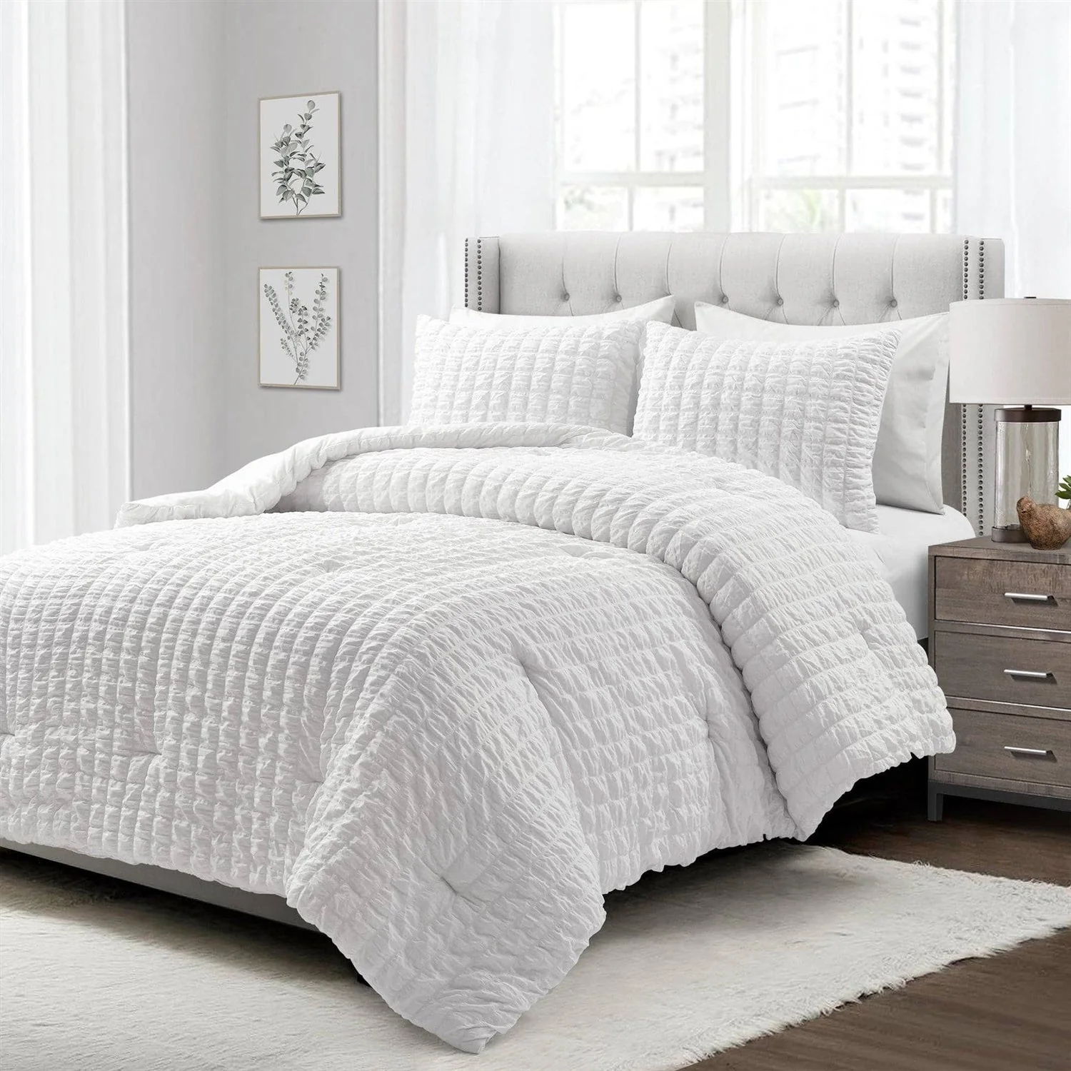 King Size Crinkled Textured 3 Piece Comforter Set White - Image 3