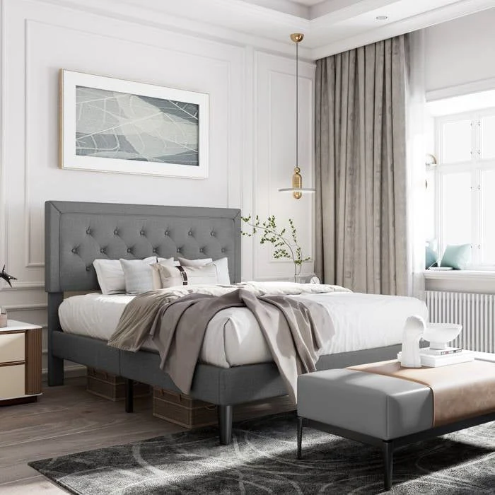 King Size Dark Grey Linen Upholstered Platform Bed with Button-Tufted Headboard - Image 2