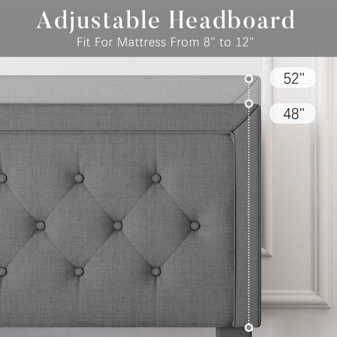 King Size Dark Grey Linen Upholstered Platform Bed with Button-Tufted Headboard - Image 5