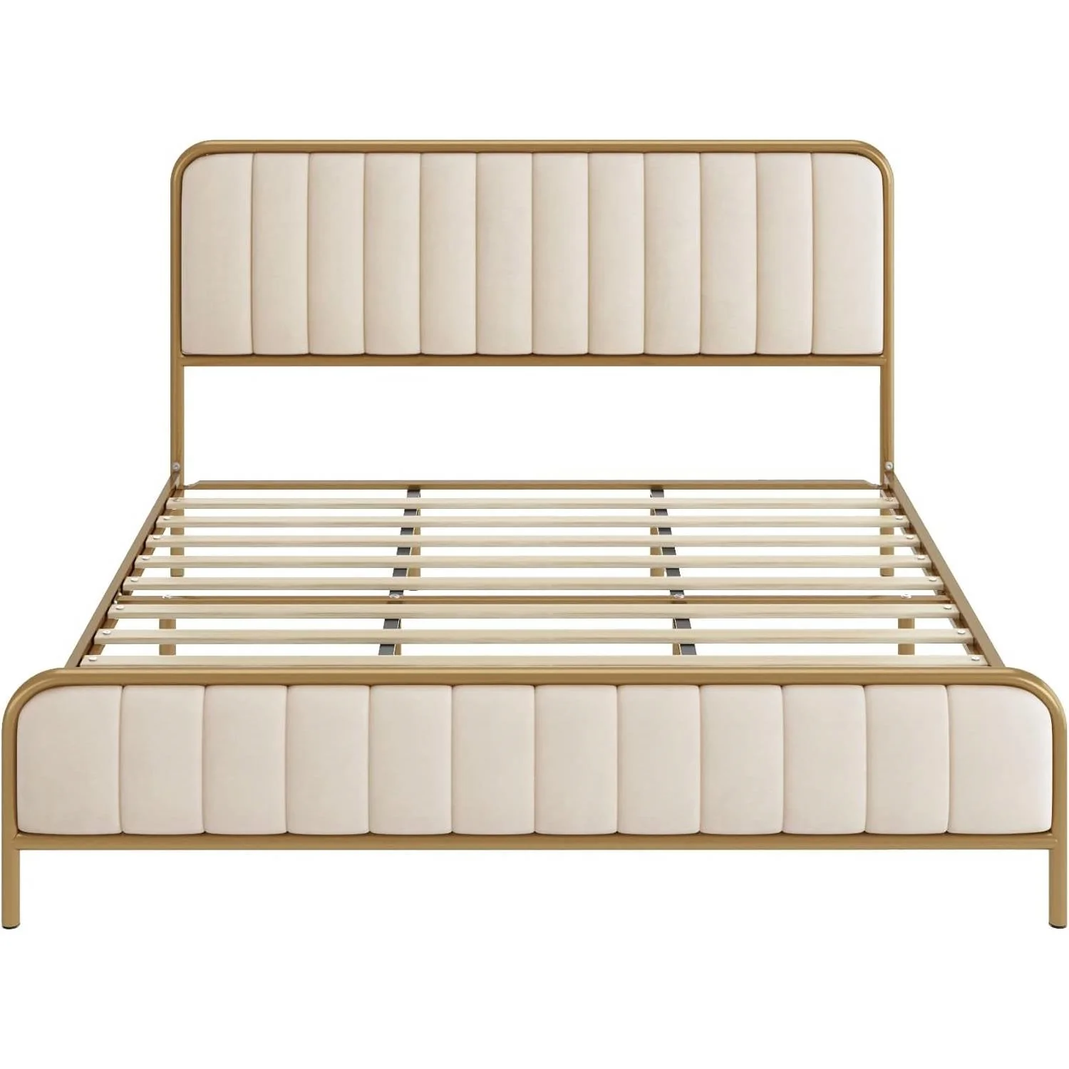 King size Gold Metal Platform Bed Frame with Off-White Upholstered Headboard - Image 3