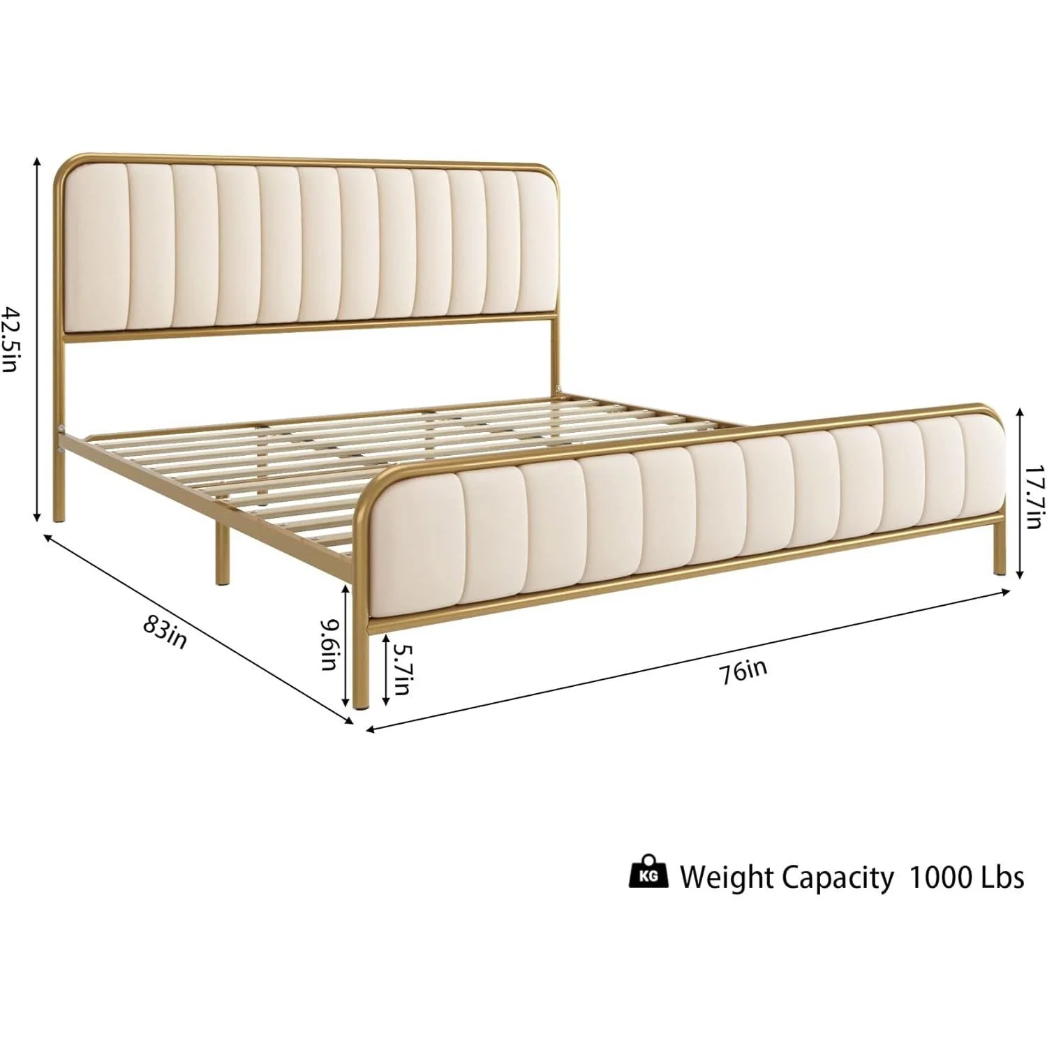 King size Gold Metal Platform Bed Frame with Off-White Upholstered Headboard - Image 5