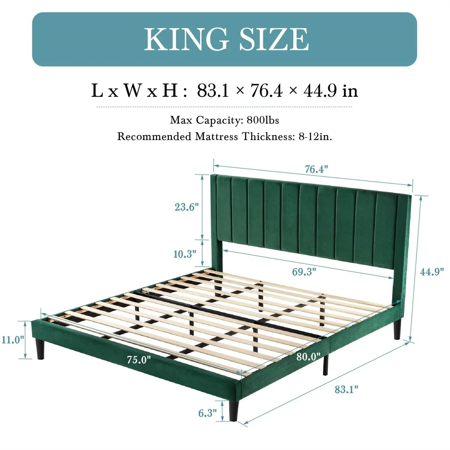 King size Green Velvet Upholstered Platform Bed Frame with Headboard - Image 5