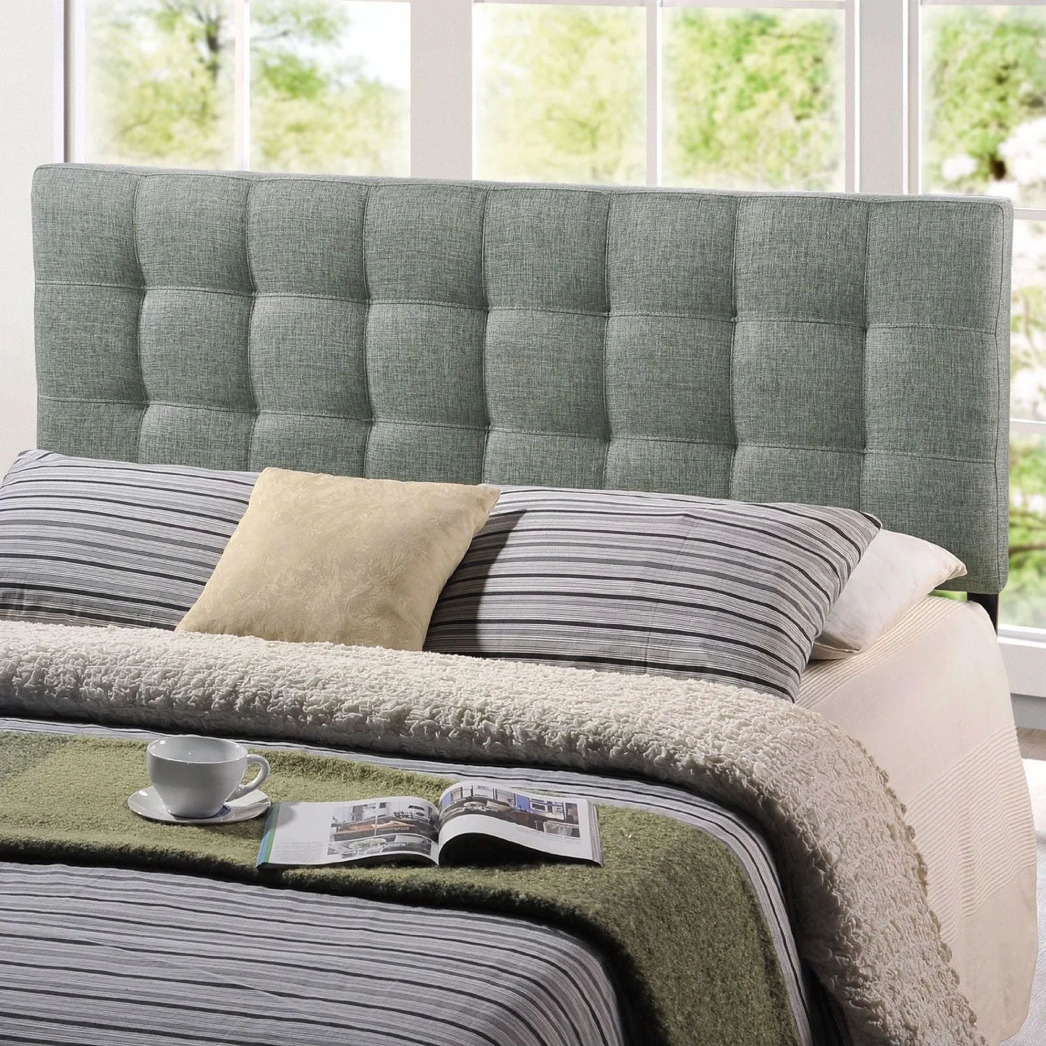 King size Grey Fabric Upholstered Headboard with Modern Tufting - Image 2