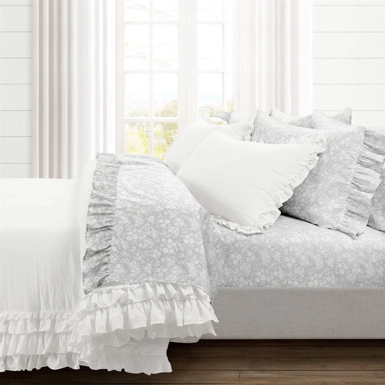 King size Grey Ruffle Floral Polyester 6 Piece Sheet Set - Image 5