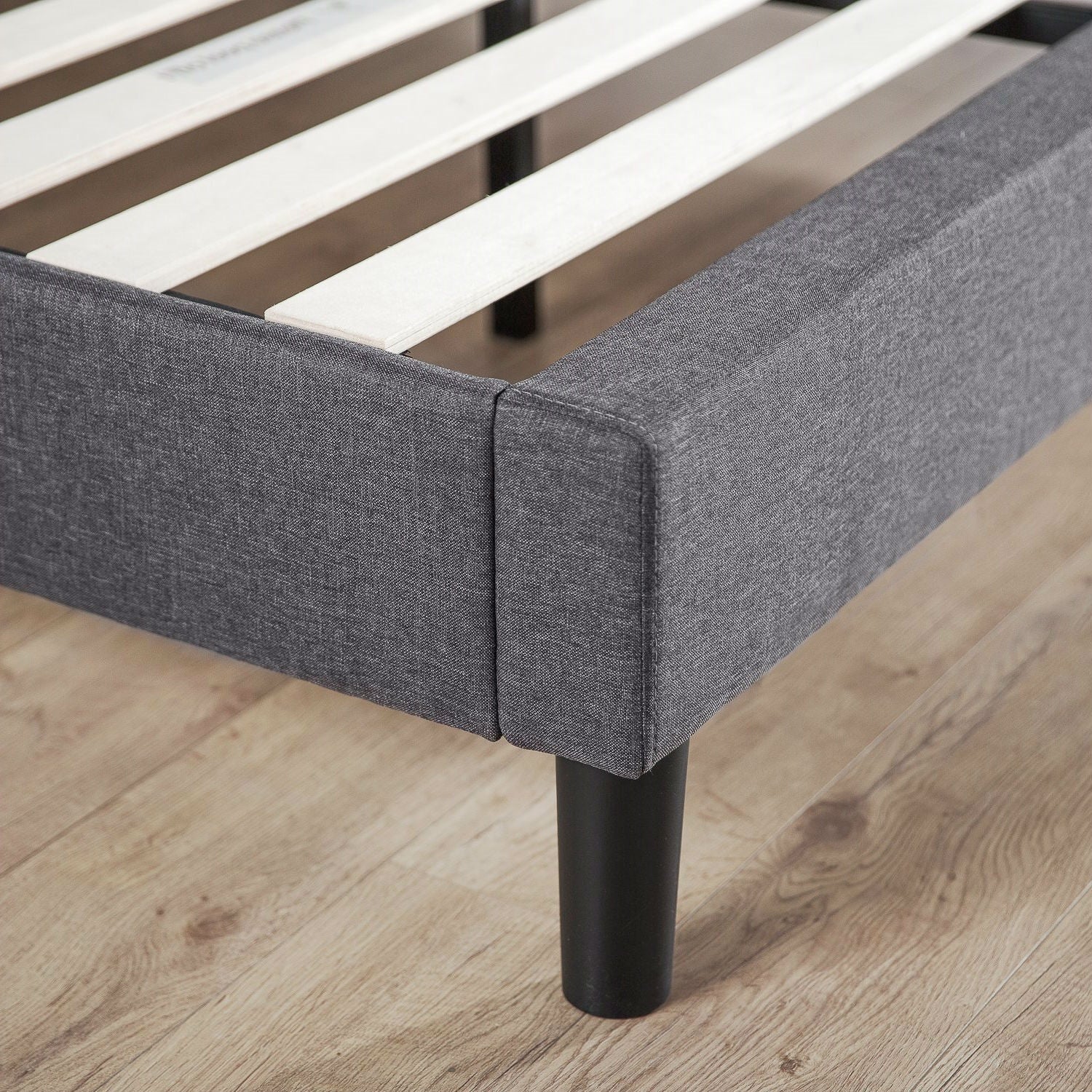 King size Grey Upholstered Platform Bed Frame with Mid-Century Style Legs - Image 3