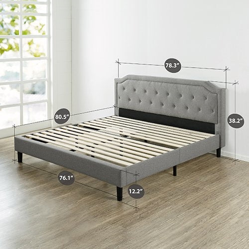 King size Grey Upholstered Platform Bed with Classic Button Tufted Headboard - Image 2