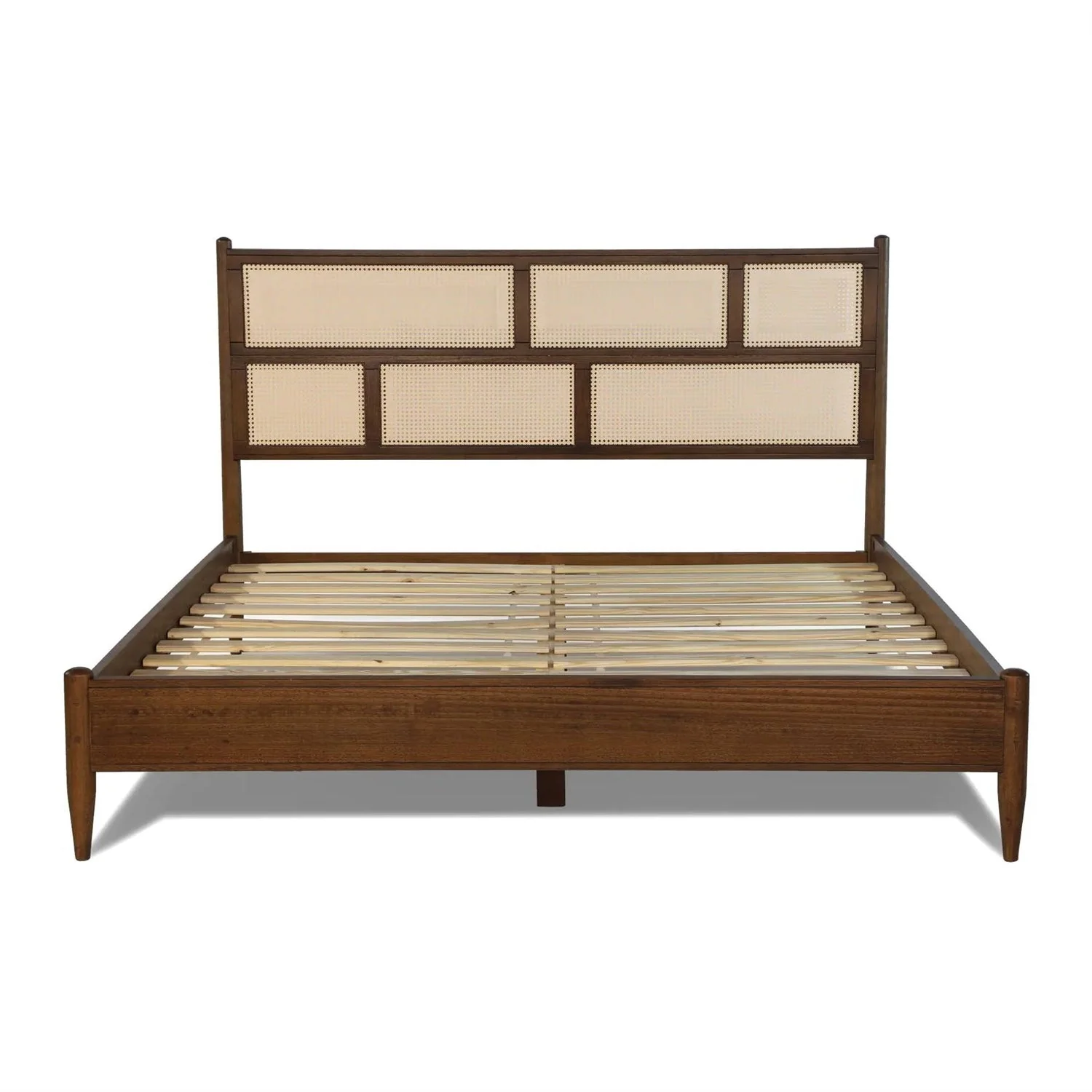 King Size Hardwood Platform Bed Frame with Cane Paneling Headboard in Walnut - Image 2