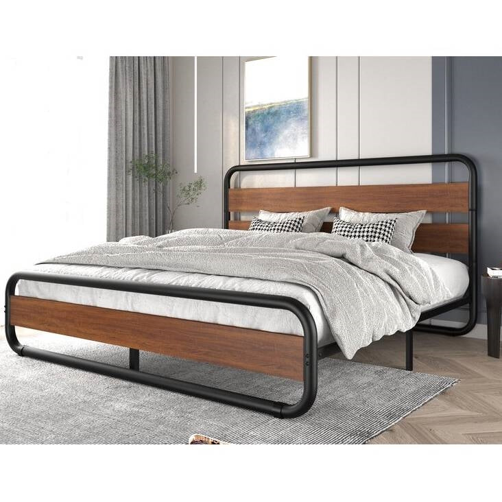 King size Heavy Duty Industrial Modern Metal Wood Platform Bed Frame with Headboard - Image 5