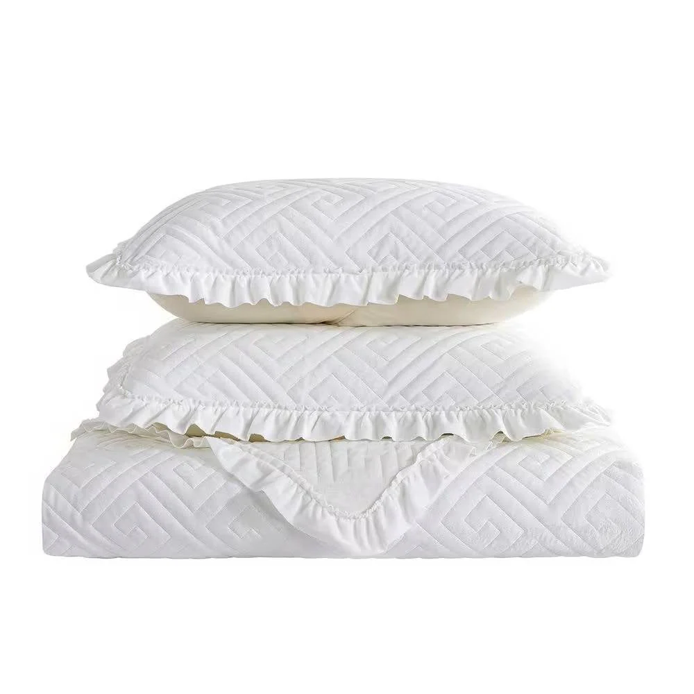King size Ivory White Velvet Microfiber Polyester Reversible 3-Piece Quilt Set - Image 2
