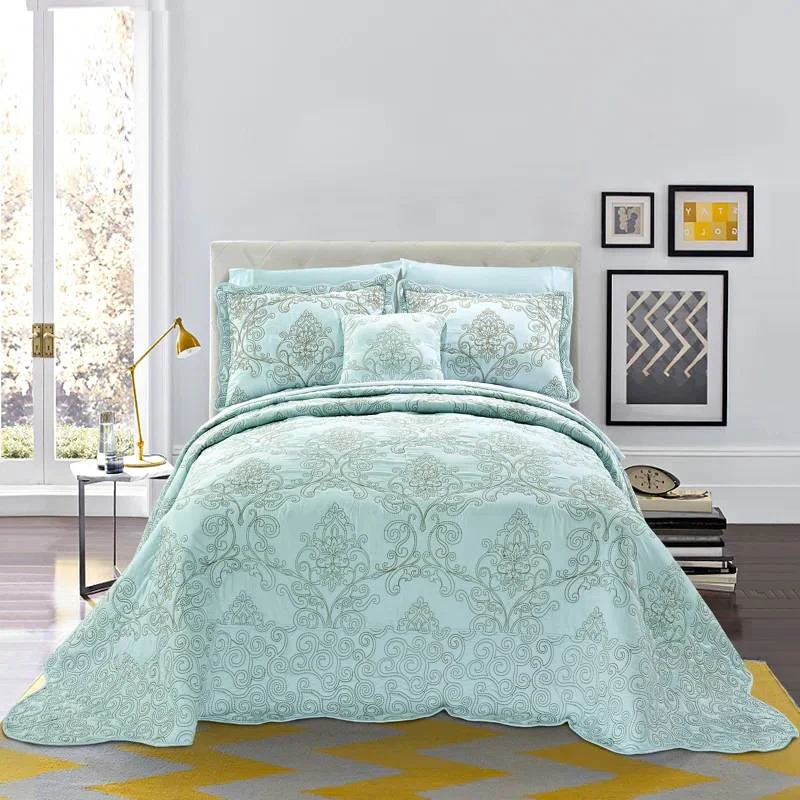 King size Light Blue Damask Embroidered 4 Piece Oversized Bedspread Set - Image 2