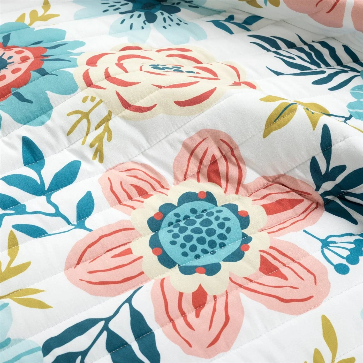 King size Lightweight Floral Teal Blue Pink White 3-Piece Polyester Quilt Set - Image 3