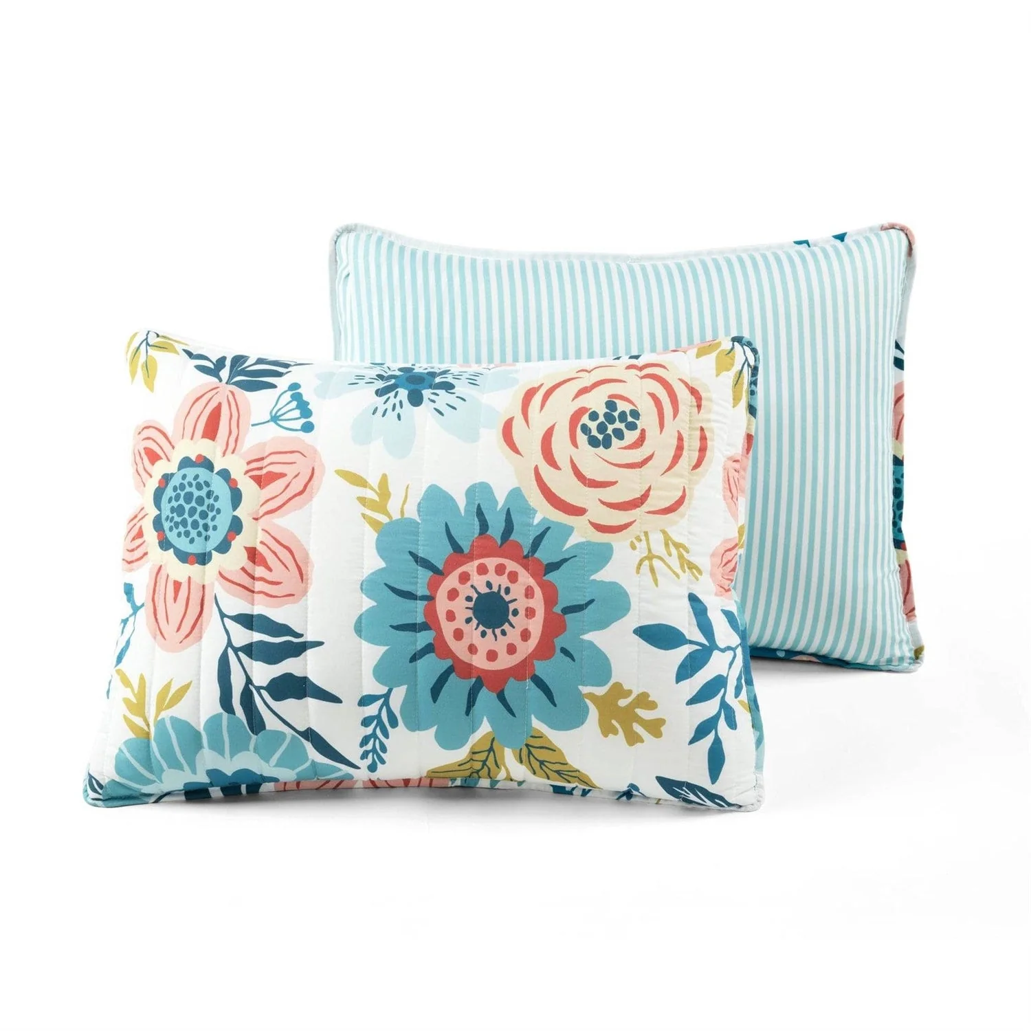 King size Lightweight Floral Teal Blue Pink White 3-Piece Polyester Quilt Set - Image 5