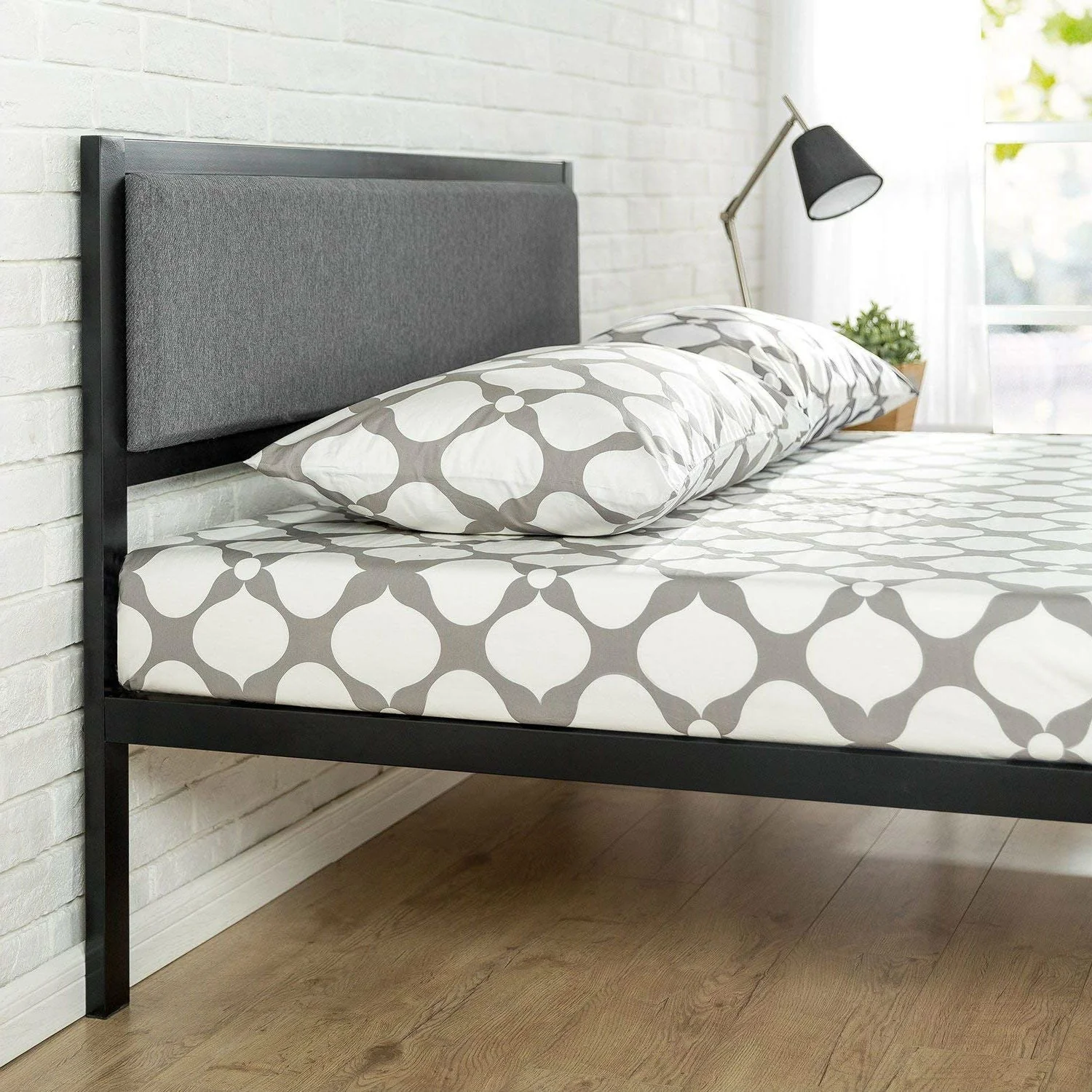 King size Metal Platform Bed Frame with Wood Slats and Upholstered Headboard - Image 3