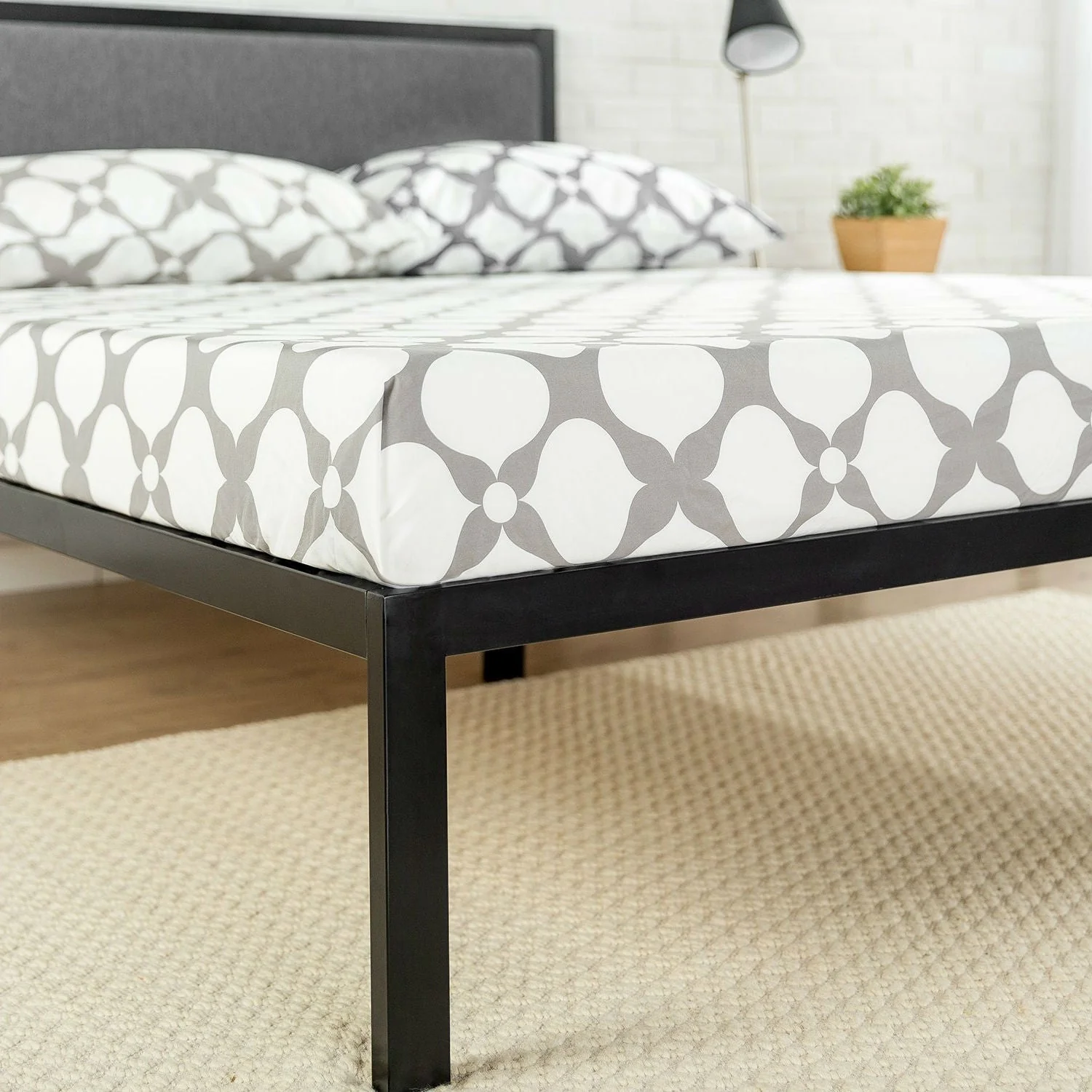 King size Metal Platform Bed Frame with Wood Slats and Upholstered Headboard - Image 4