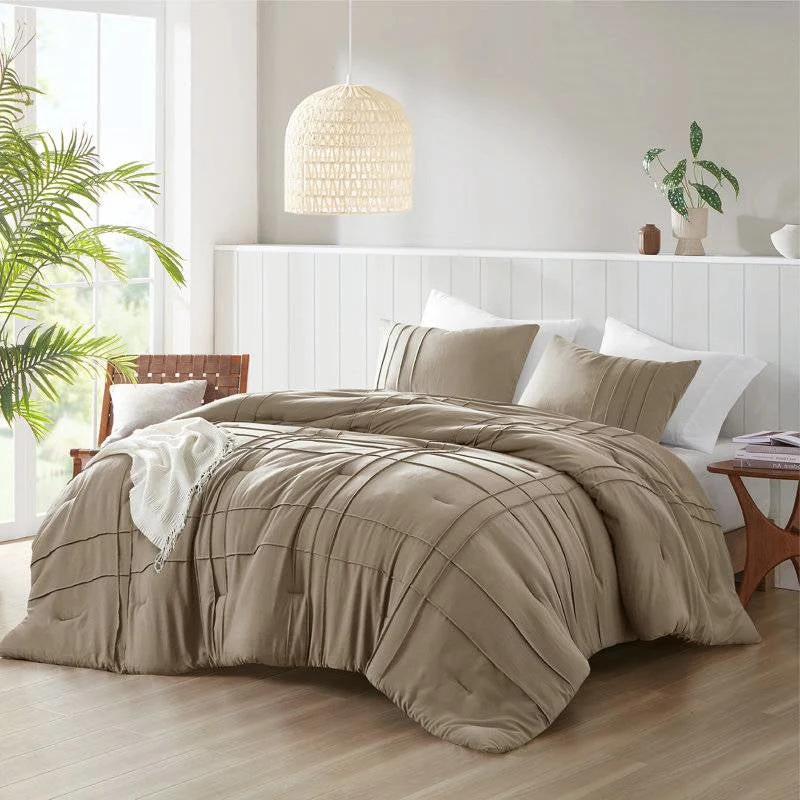 King size Microfiber Pleated Soft Lightweight Comforter Set Tan Khaki Taupe - Image 2