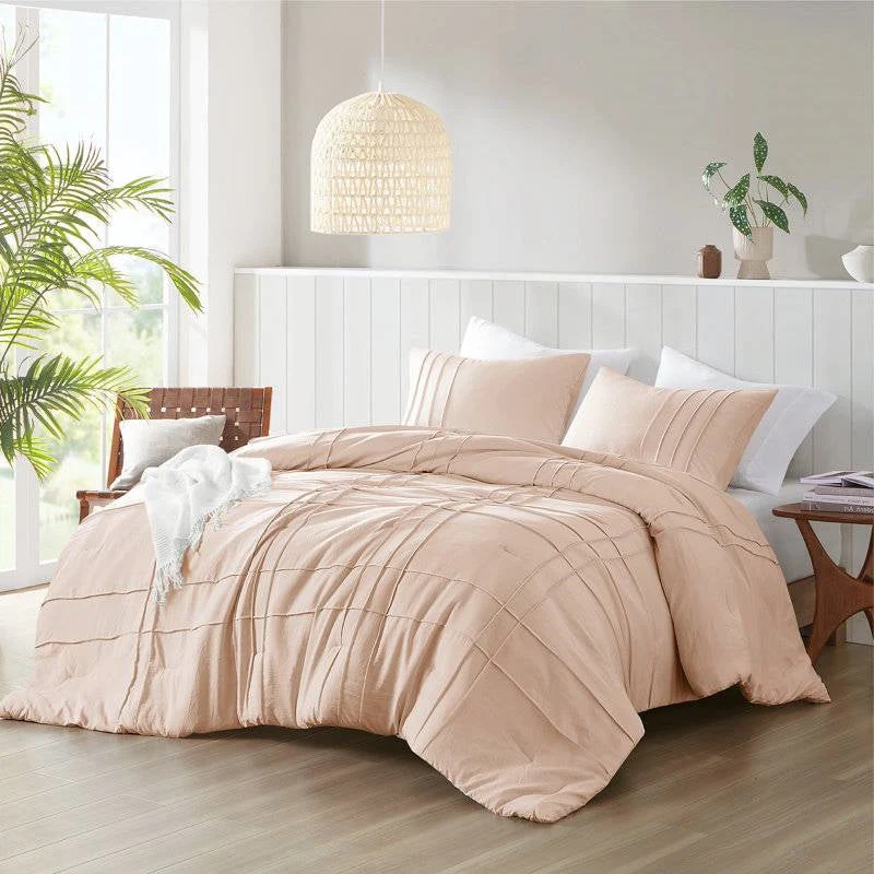 King Size Microfiber Pleated Soft Washed Comforter Set Pink Blush Color - Image 2